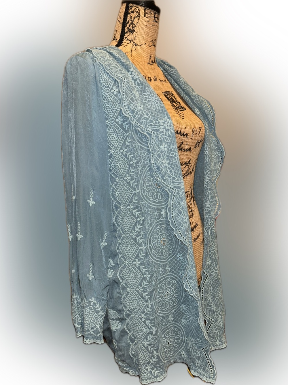 Johnny Was Light Teal Blue Lace-Embroidered Shawl Hood Scalloped Open Cardigan S - Picture 8 of 11